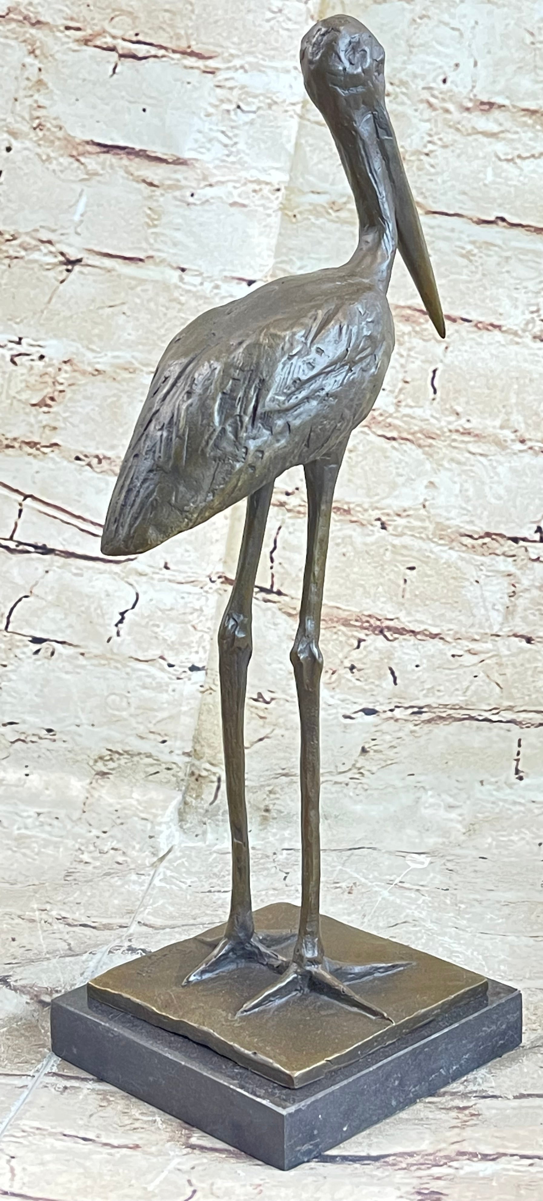Hot Cast Bronze Stork Egret Bird Sculpture on Marble Base
