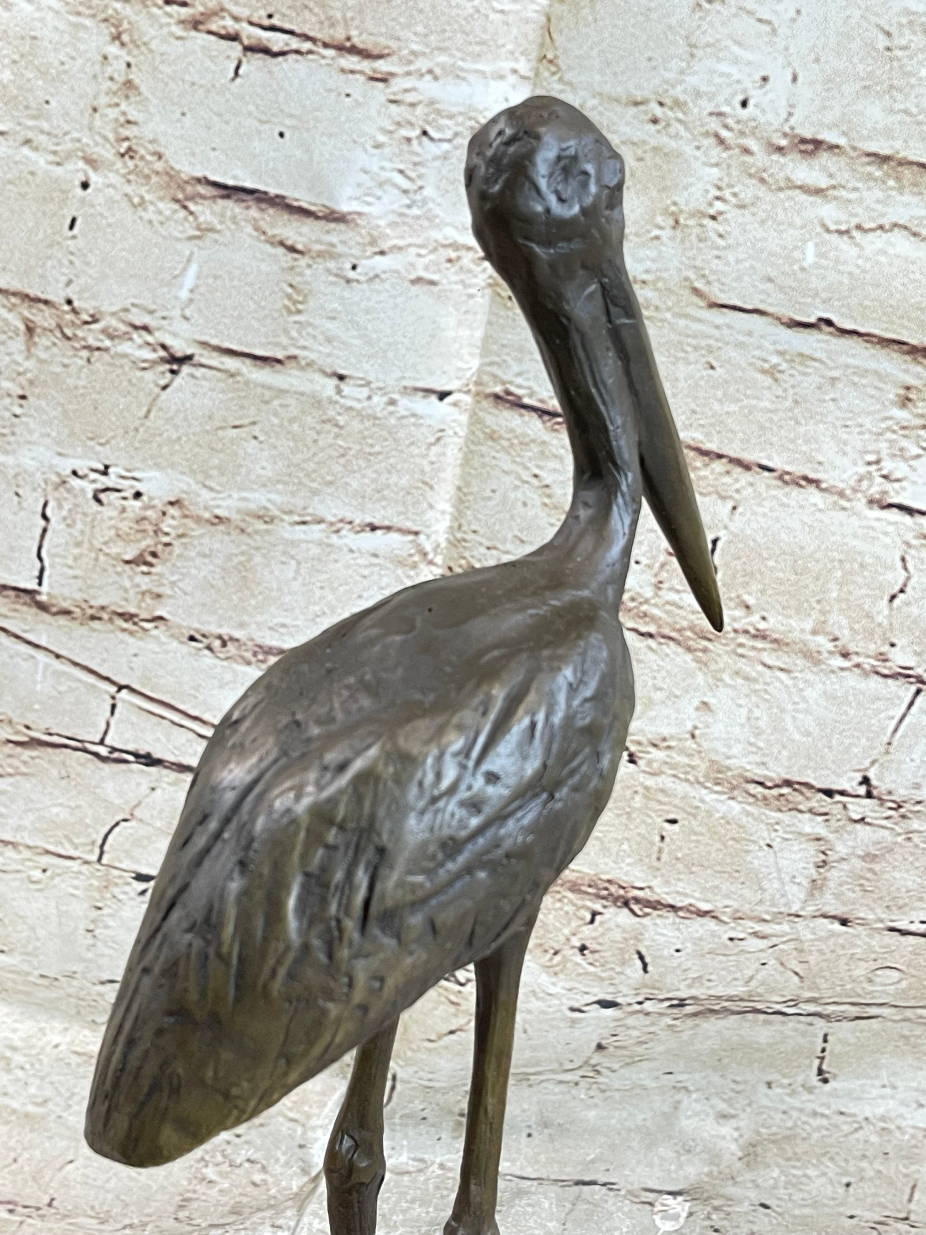 Hot Cast Bronze Stork Egret Bird Sculpture on Marble Base