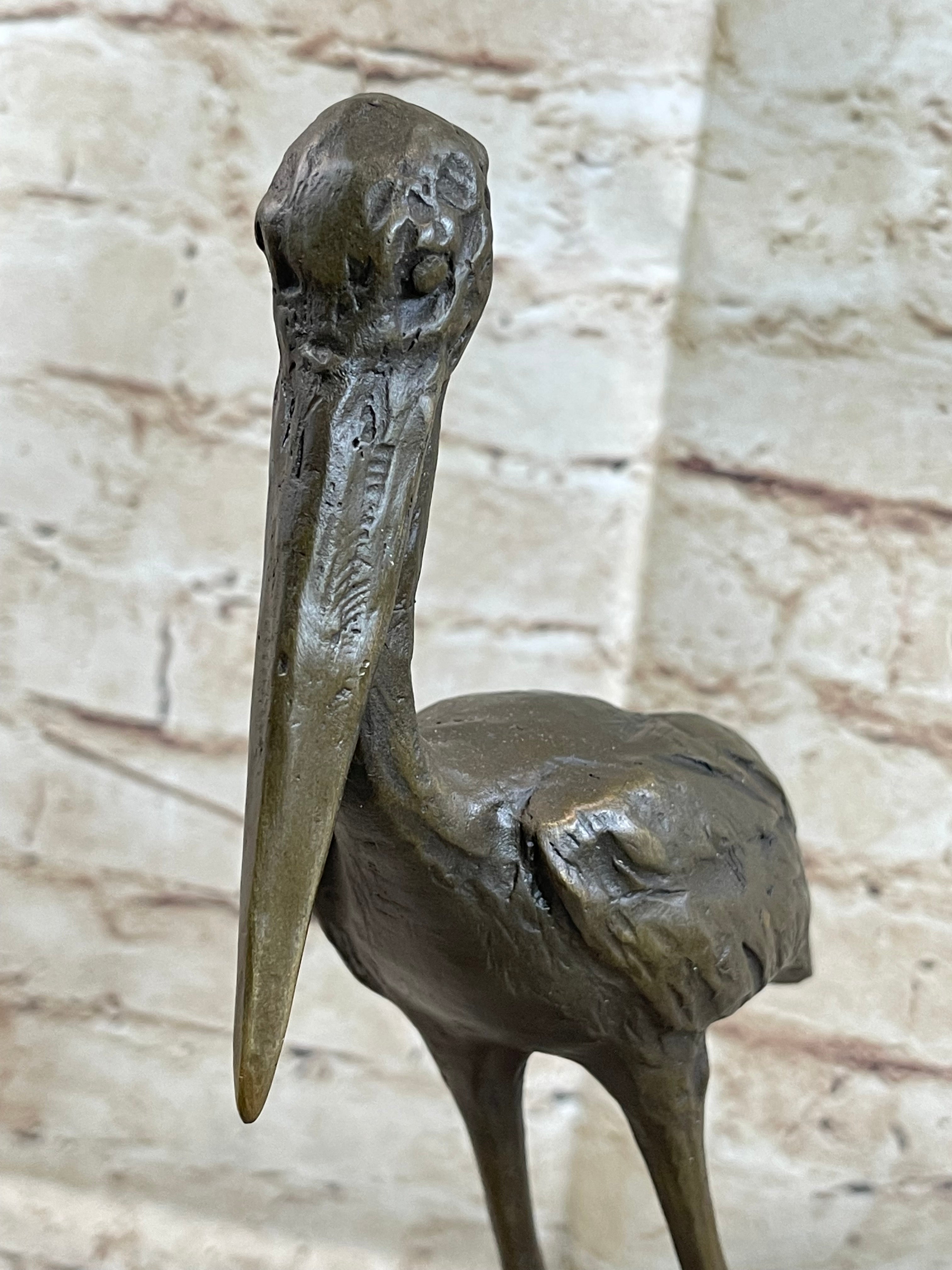 Hot Cast Bronze Stork Egret Bird Sculpture on Marble Base
