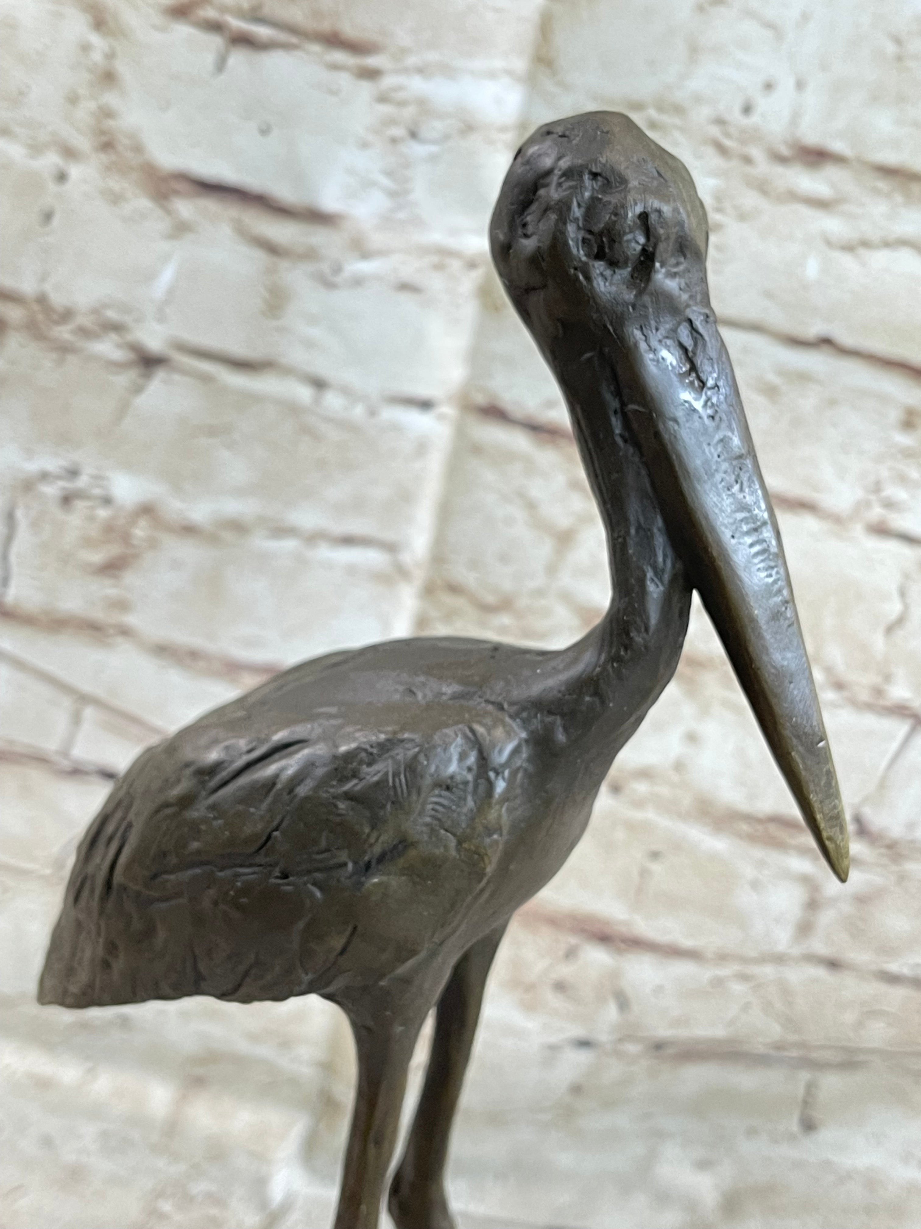 Hot Cast Bronze Stork Egret Bird Sculpture on Marble Base
