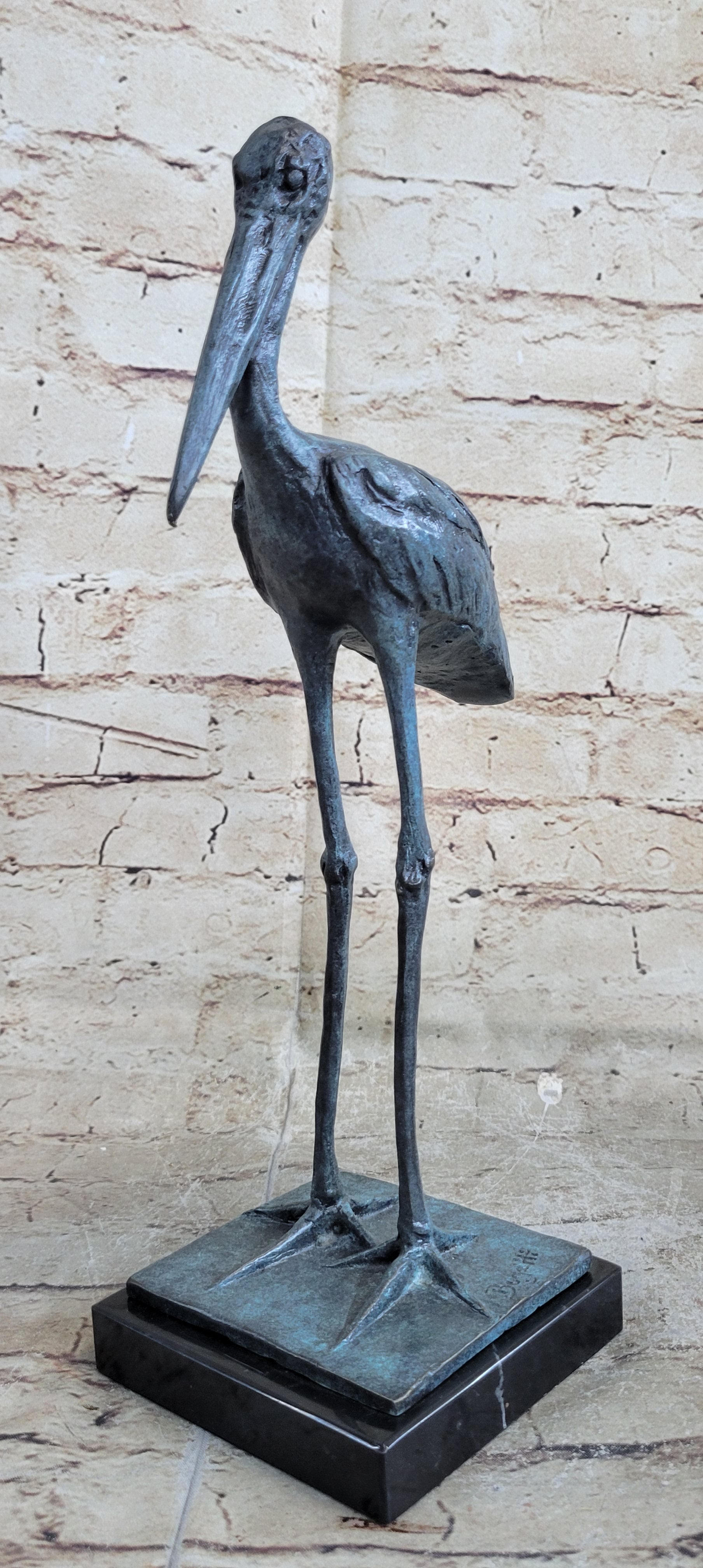 Hot Cast Bronze Stork Sculpture on Marble Base