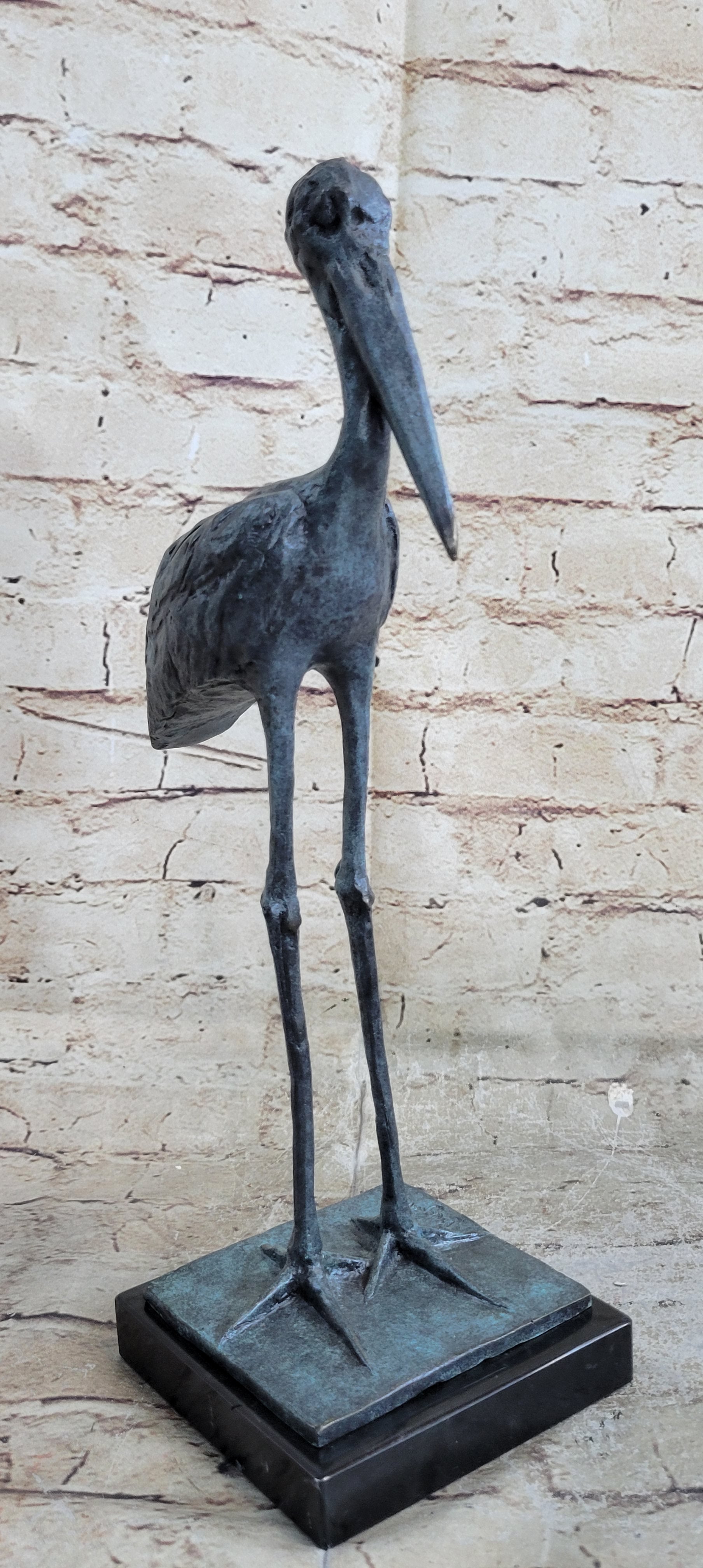 Hot Cast Bronze Stork Sculpture on Marble Base