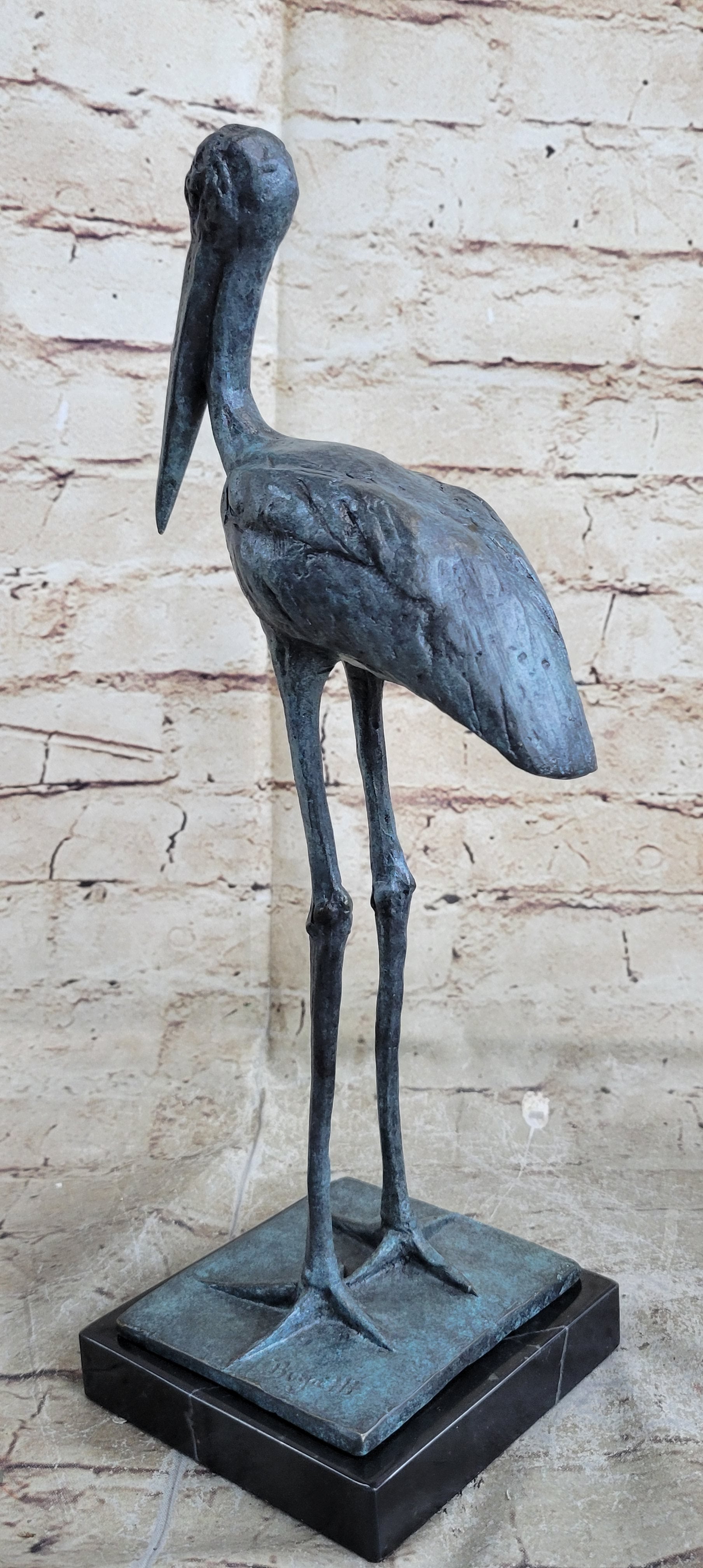Hot Cast Bronze Stork Sculpture on Marble Base