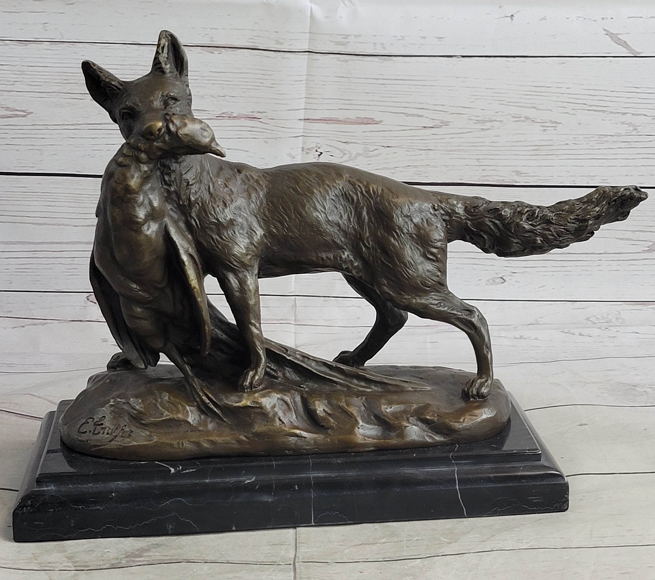 Emile Truffot Poacher Fox & Pheasant Bronze 10" x 3"