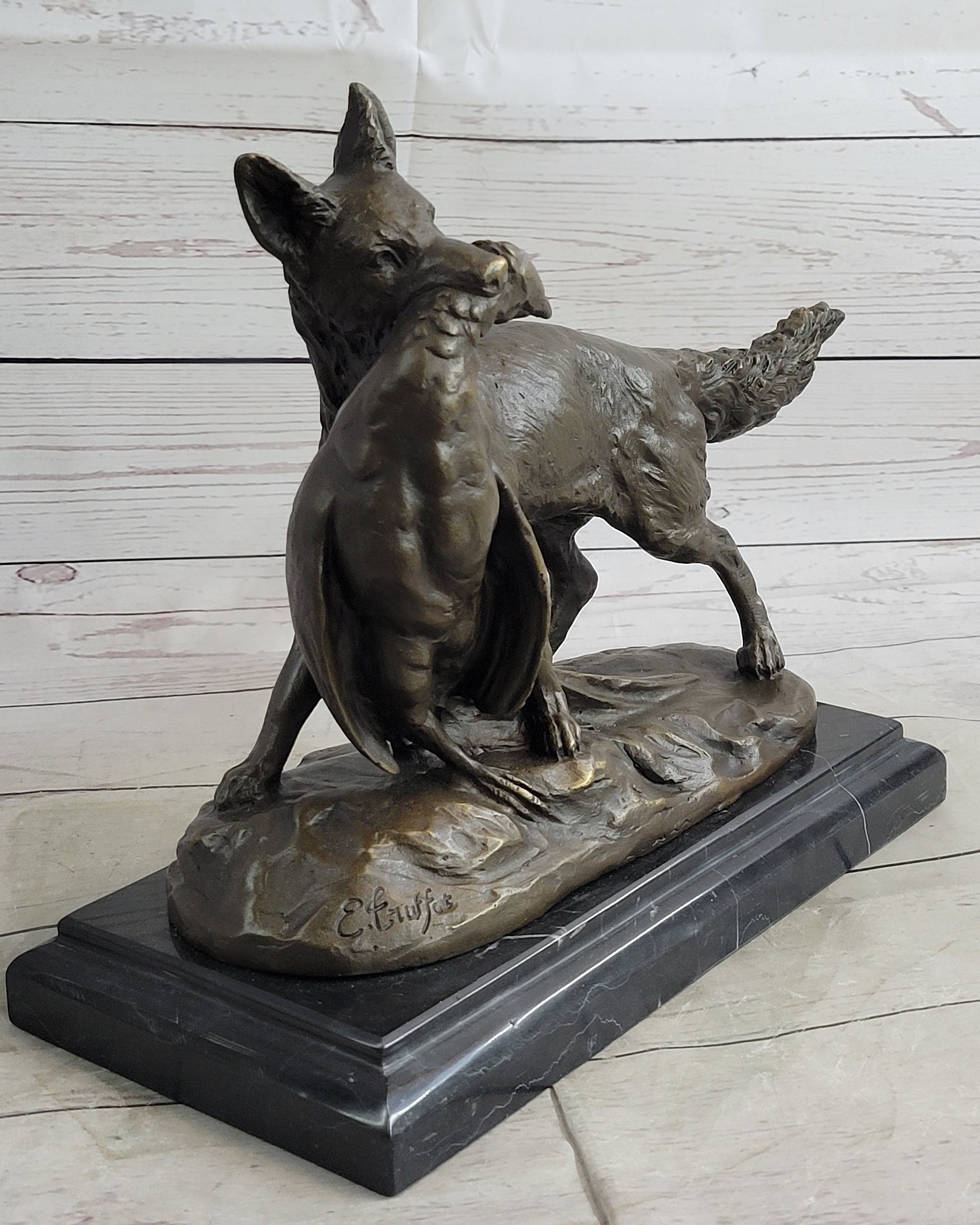 Emile Truffot Poacher Fox & Pheasant Bronze 10" x 3"