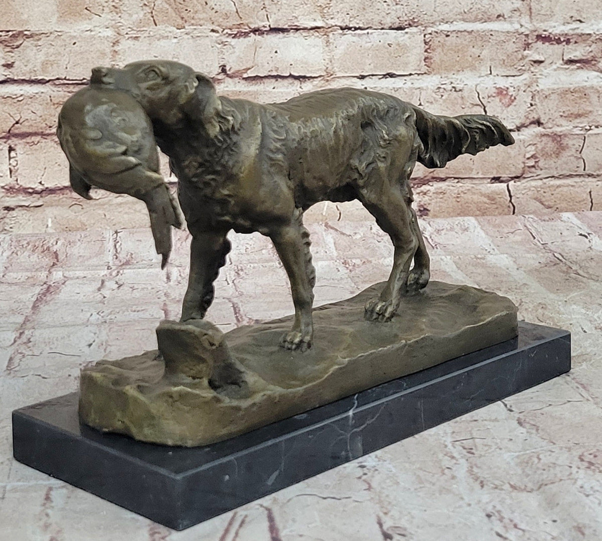 Hot Cast Bronze Golden Retriever Hunting Dog w/ Quail Sculpture