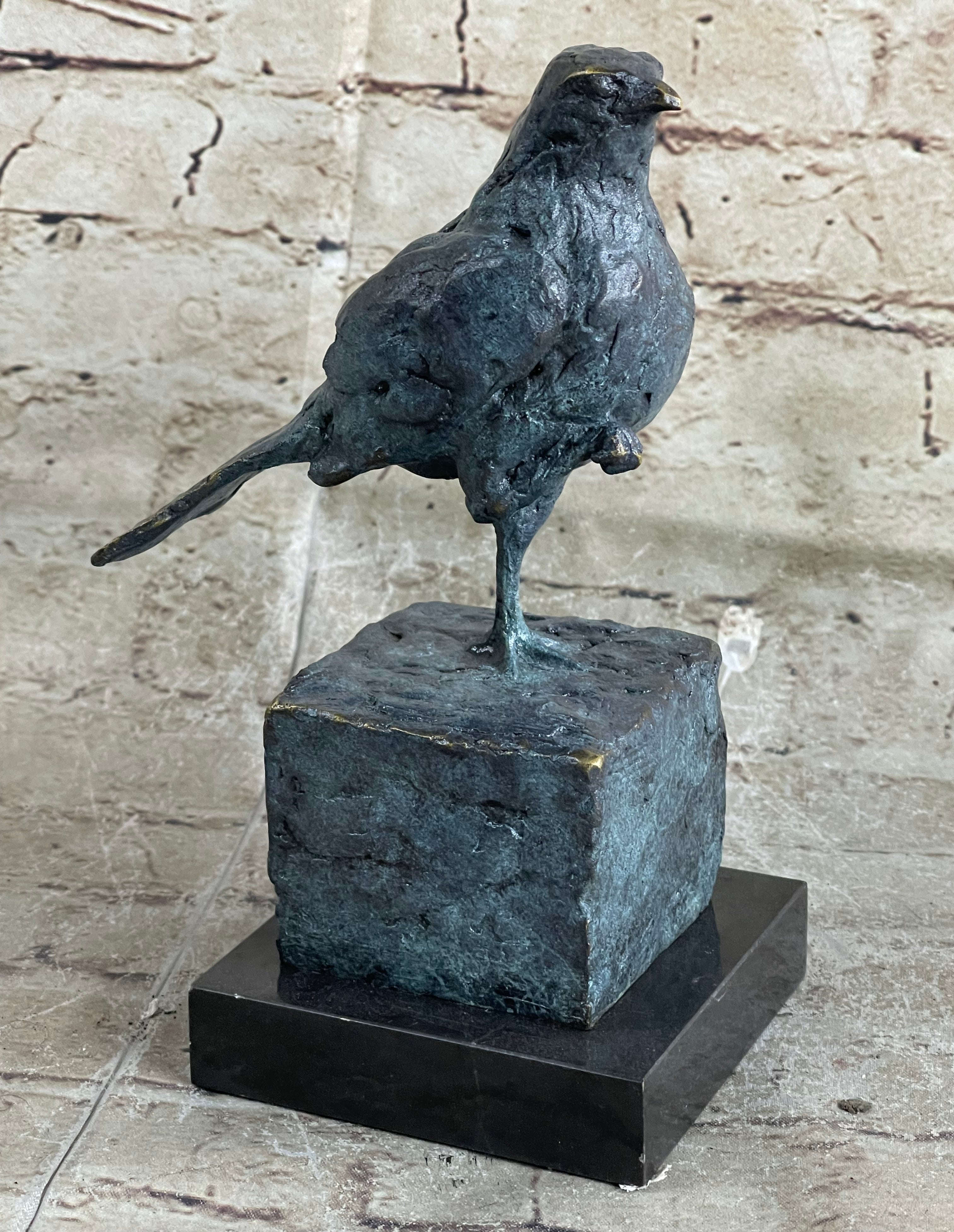 Hot Cast Bronze Green Patina Bird Figure on Marble Base