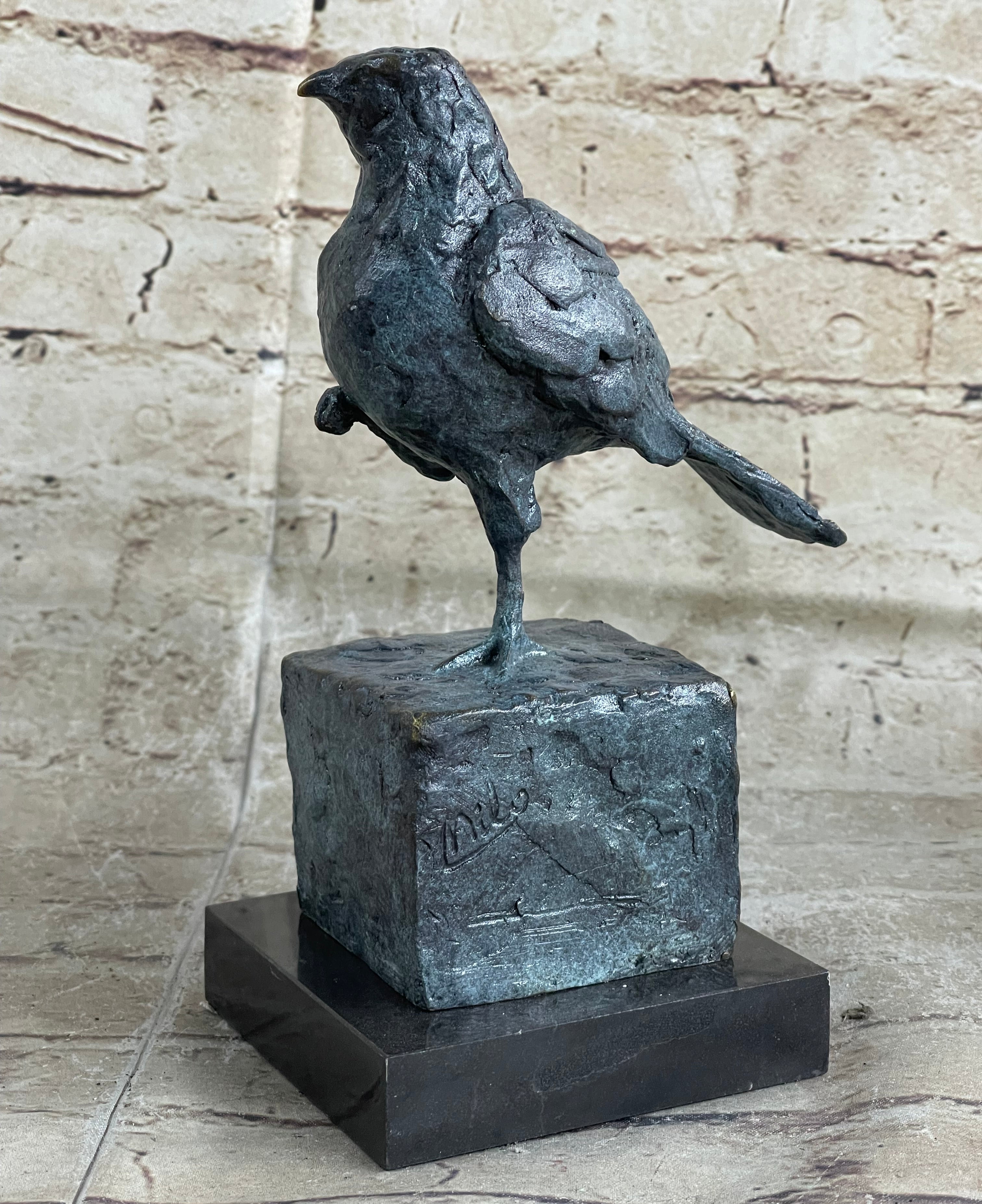 Hot Cast Bronze Green Patina Bird Figure on Marble Base