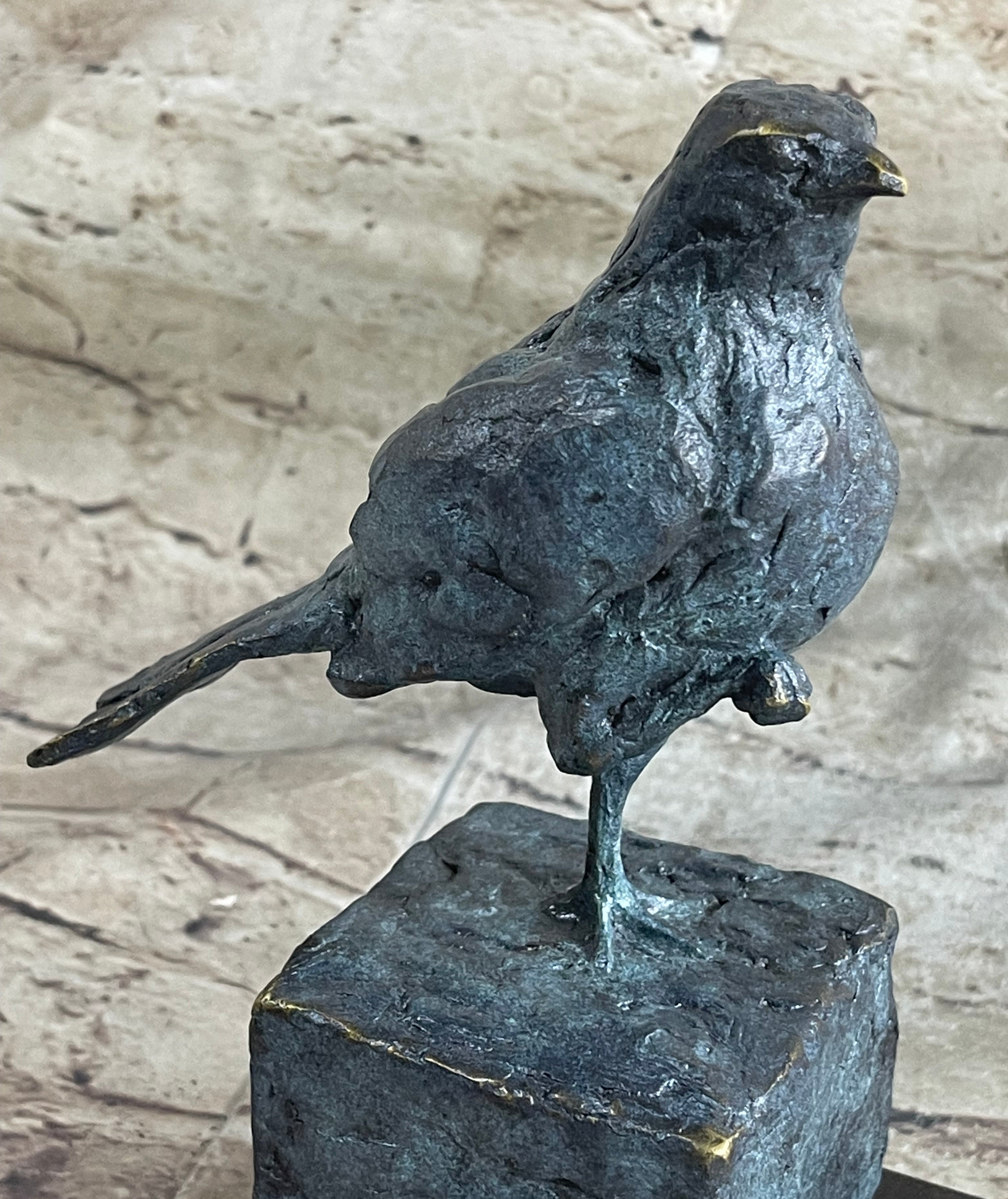 Hot Cast Bronze Green Patina Bird Figure on Marble Base