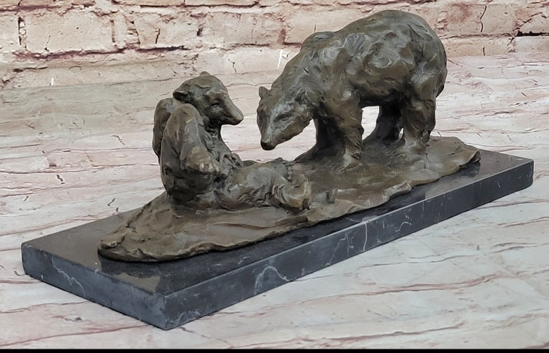 Two Playful Bears Bronze Sculpture by Milo on Marble Base