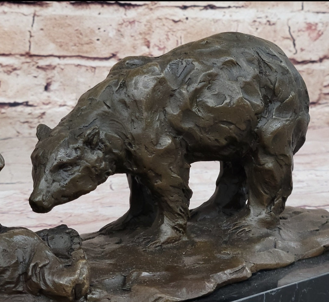 Two Playful Bears Bronze Sculpture by Milo on Marble Base