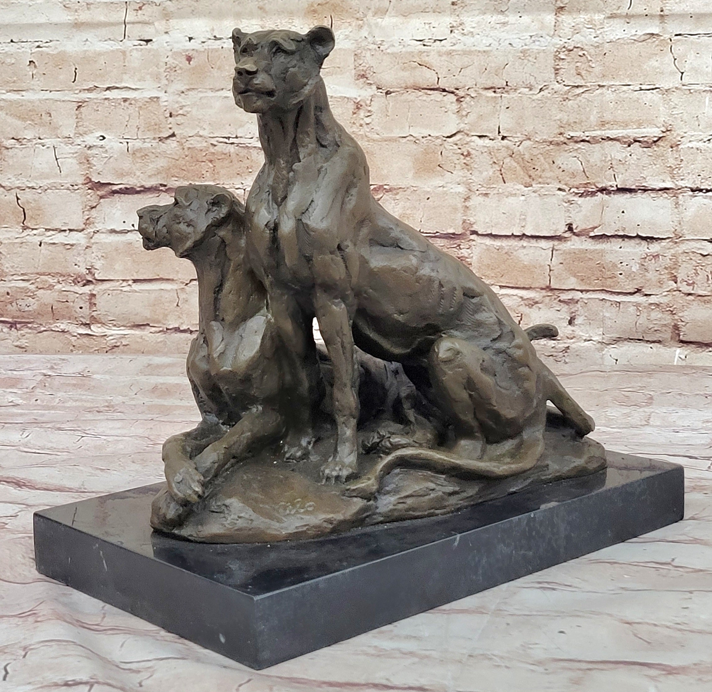 Impressionist Bronze Sculpture of Female Lions on Marble Base