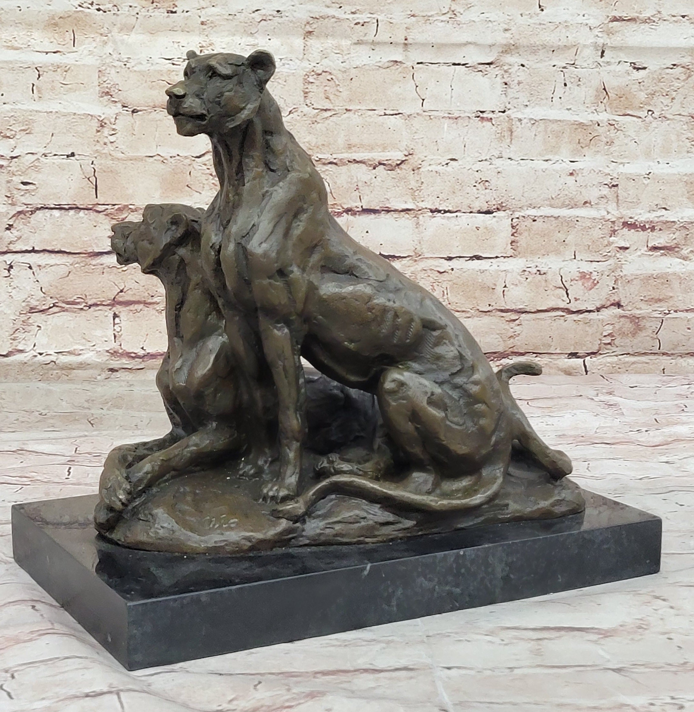Impressionist Bronze Sculpture of Female Lions on Marble Base