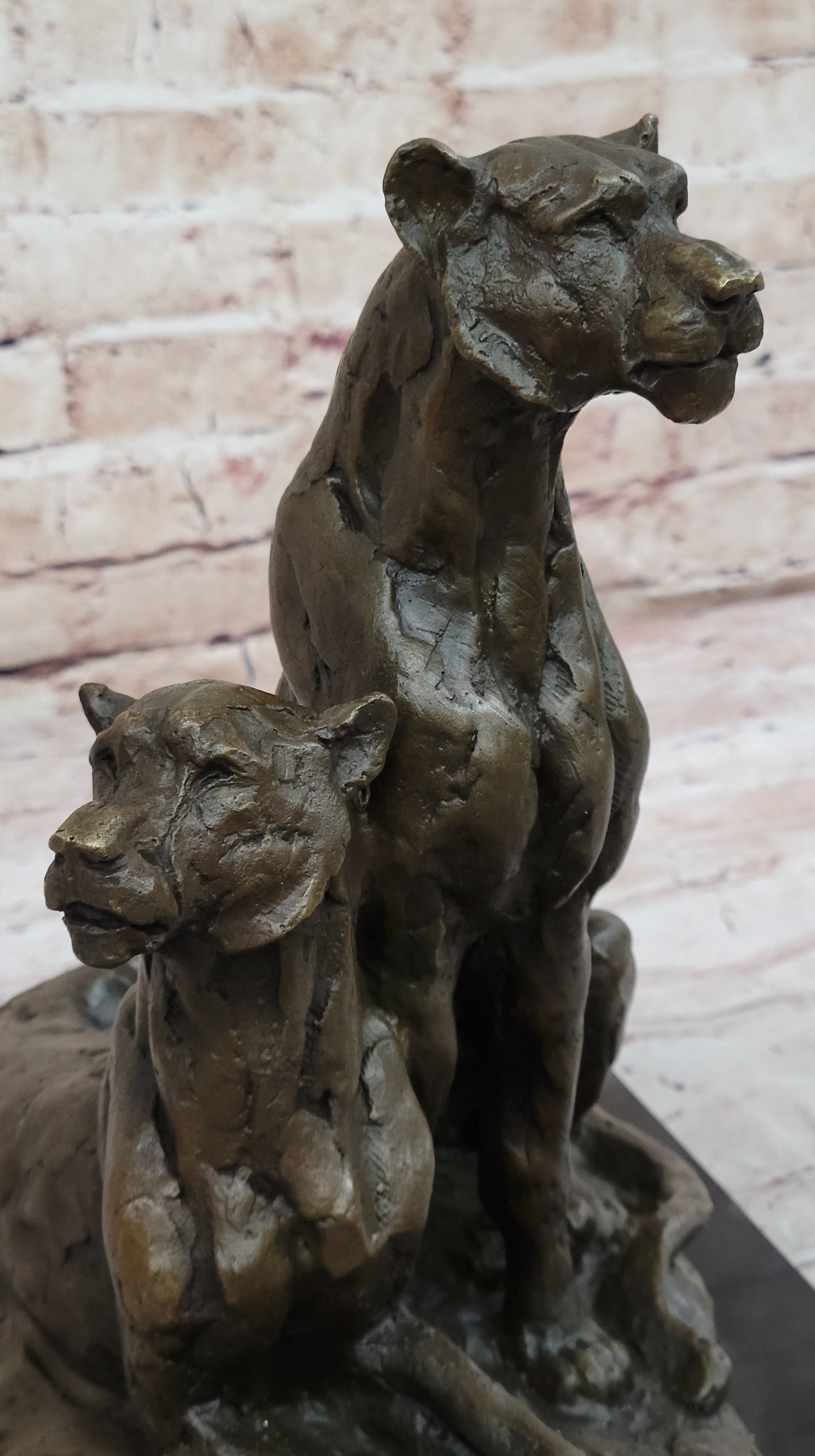 Impressionist Bronze Sculpture of Female Lions on Marble Base