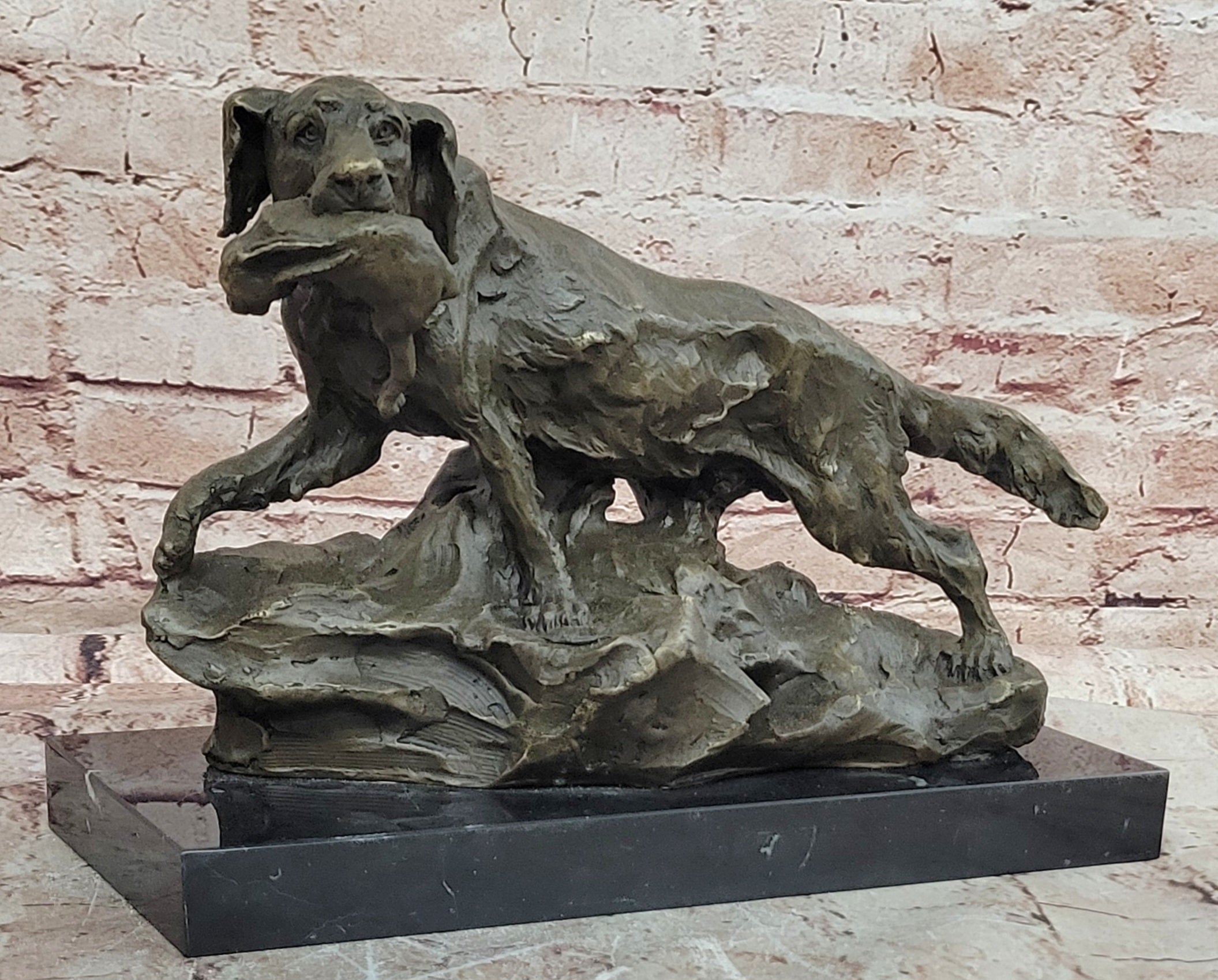 Labrador Retriever with Bird Duck In Mouth Bronze Statue Sculpture Hunting Decor