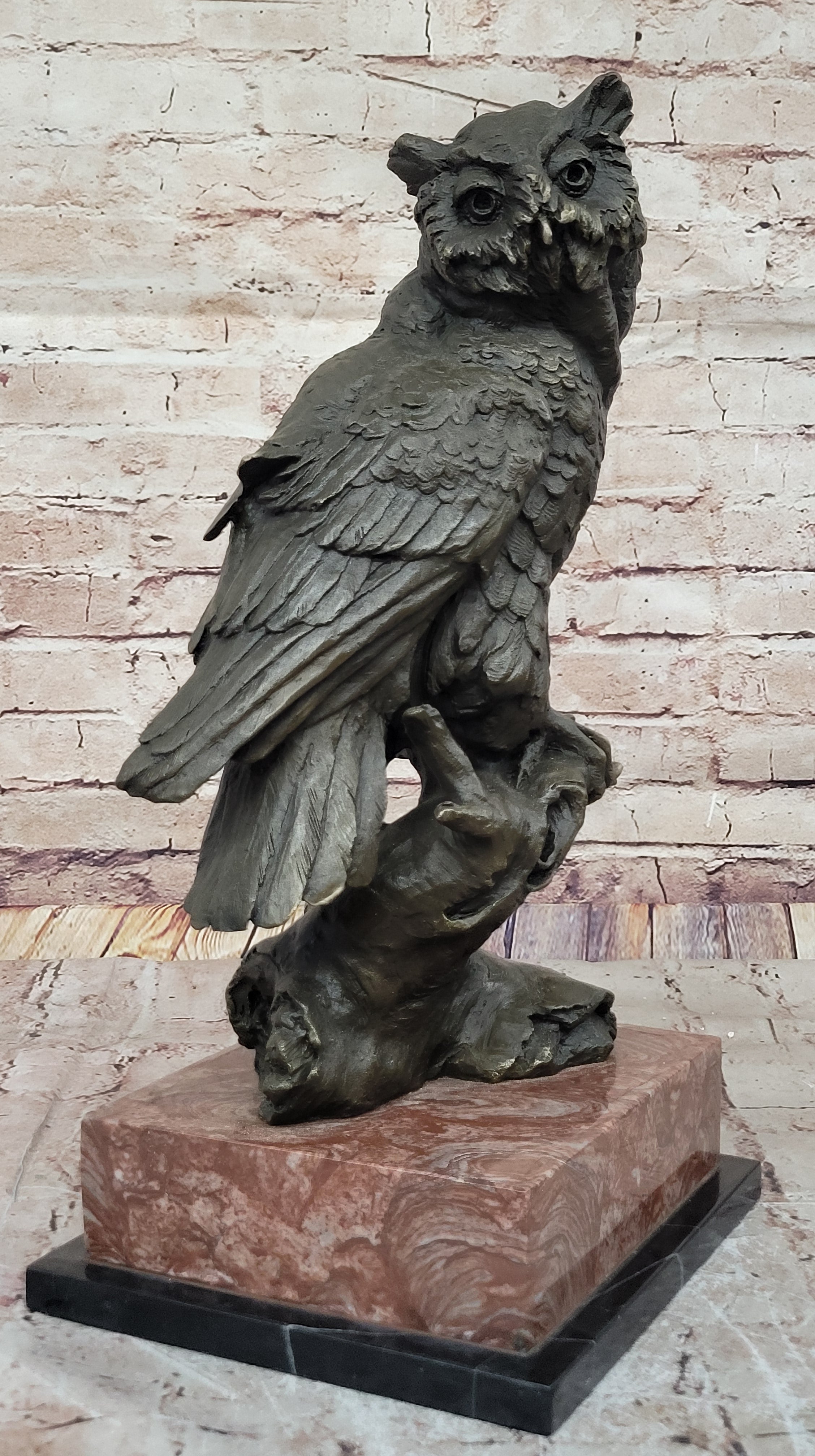 Milo Watchful Owl on Branch – Bronze Sculpture with Marble Base