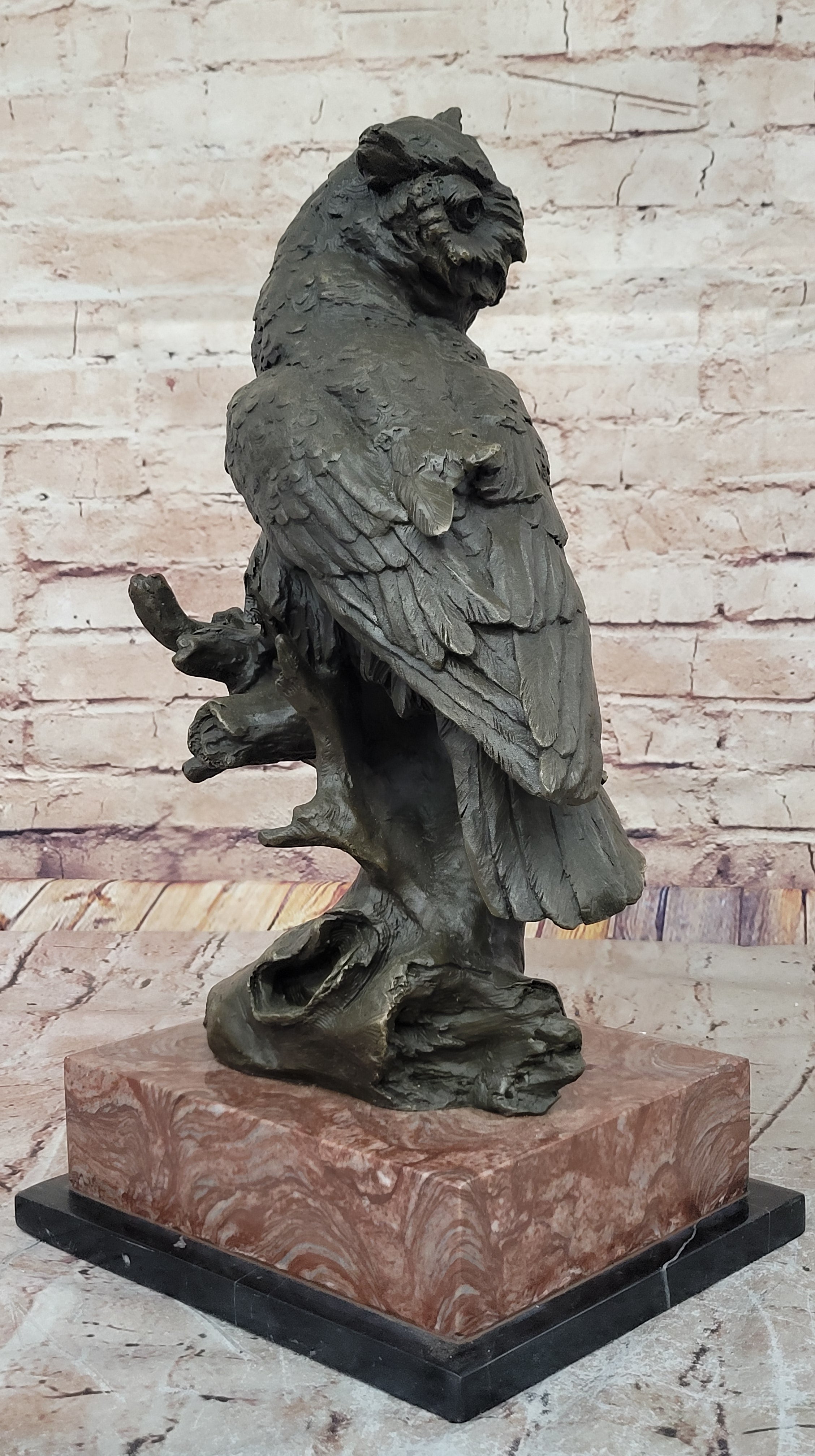 Milo Watchful Owl on Branch – Bronze Sculpture with Marble Base