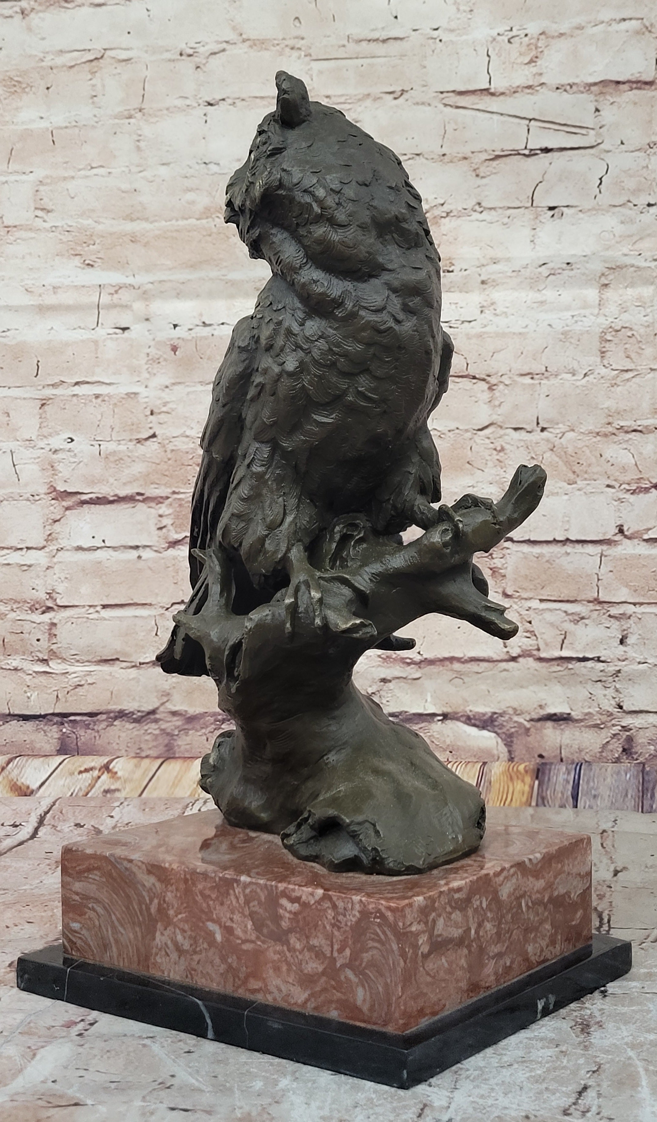 Milo Watchful Owl on Branch – Bronze Sculpture with Marble Base