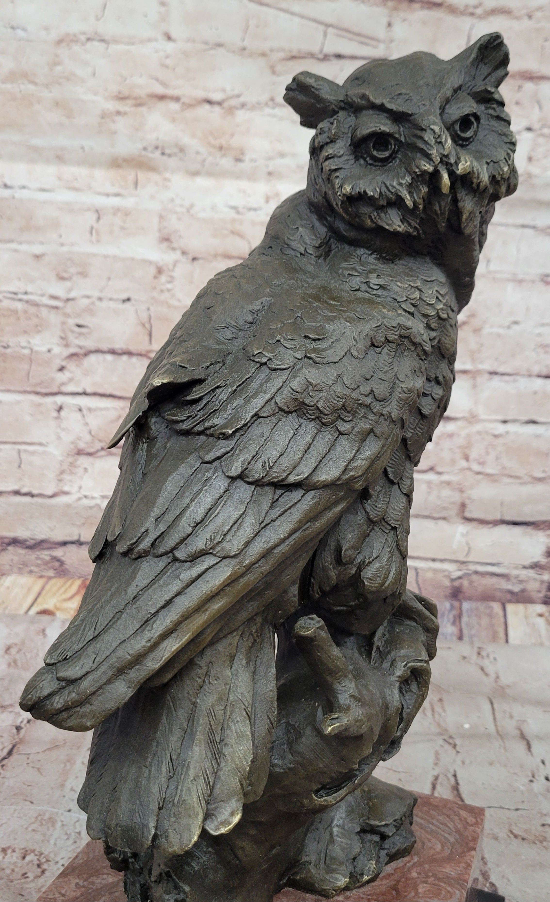 Milo Watchful Owl on Branch – Bronze Sculpture with Marble Base