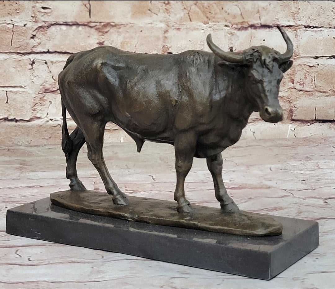 Bronze Bull Cow Cattle Sculpture on Marble Base by Milo