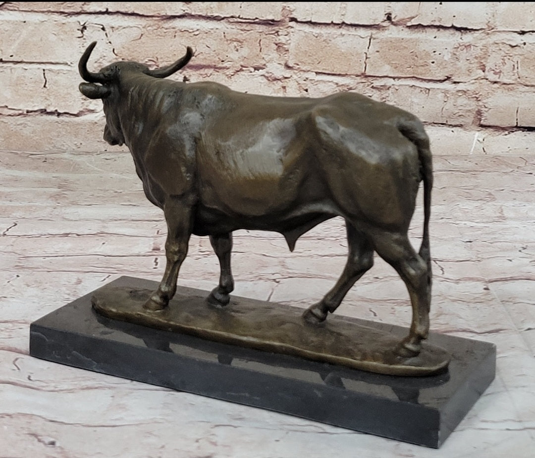 Bronze Bull Cow Cattle Sculpture on Marble Base by Milo
