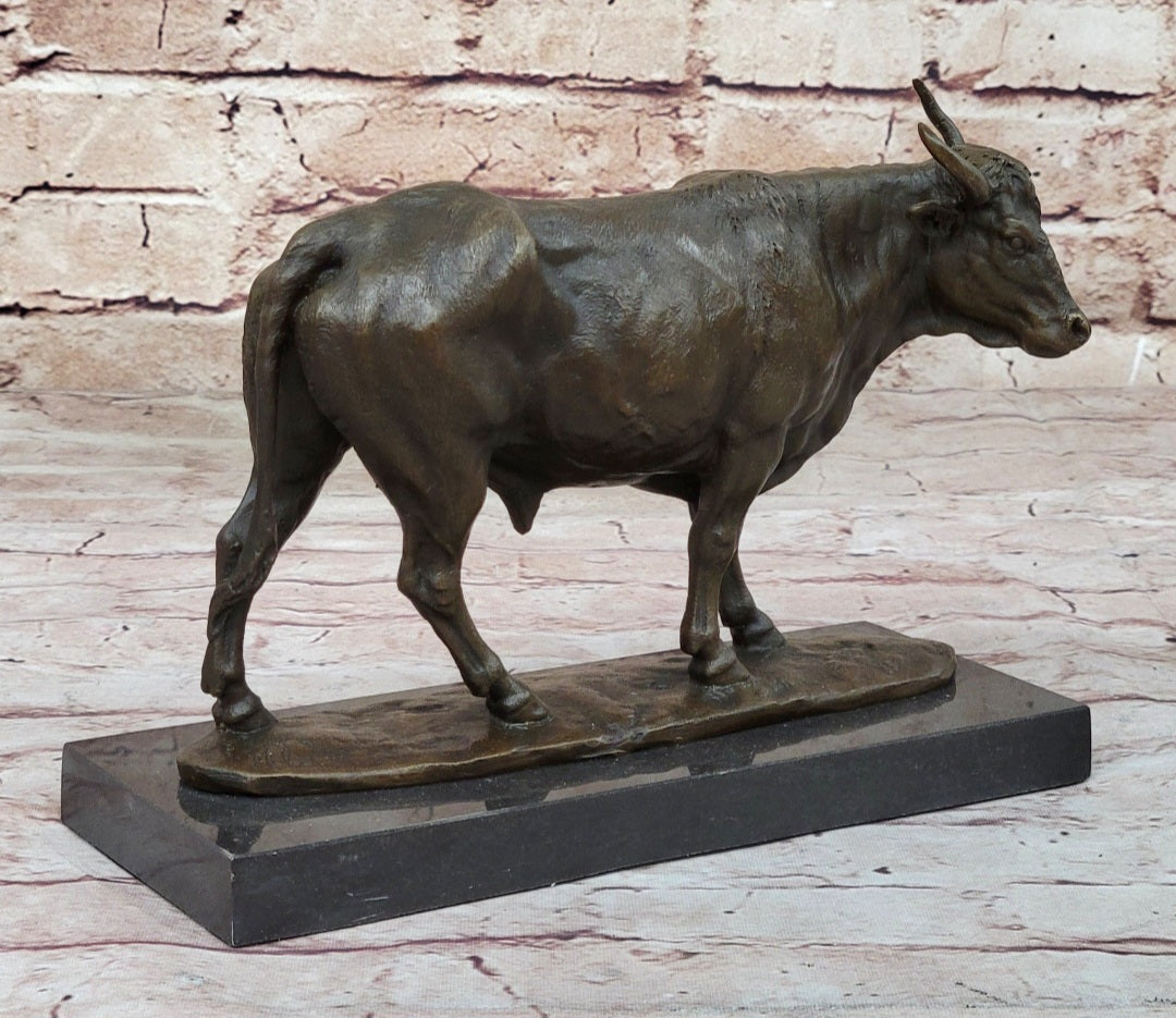 Bronze Bull Cow Cattle Sculpture on Marble Base by Milo