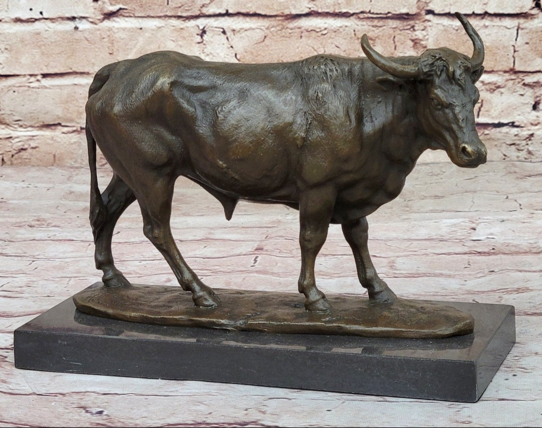 Bronze Bull Cow Cattle Sculpture on Marble Base by Milo