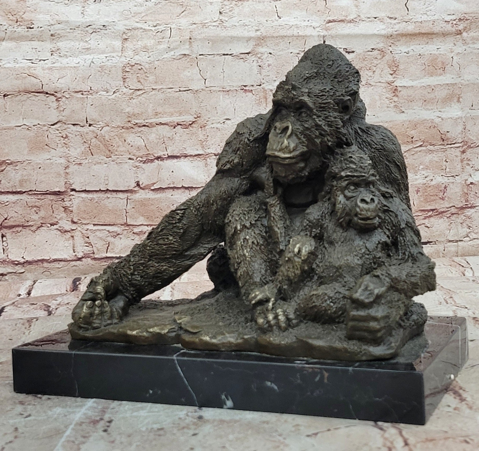 Statue Decor Cast Bronze Orangutans Animal Gorilla Mother W/ Baby Sculpture