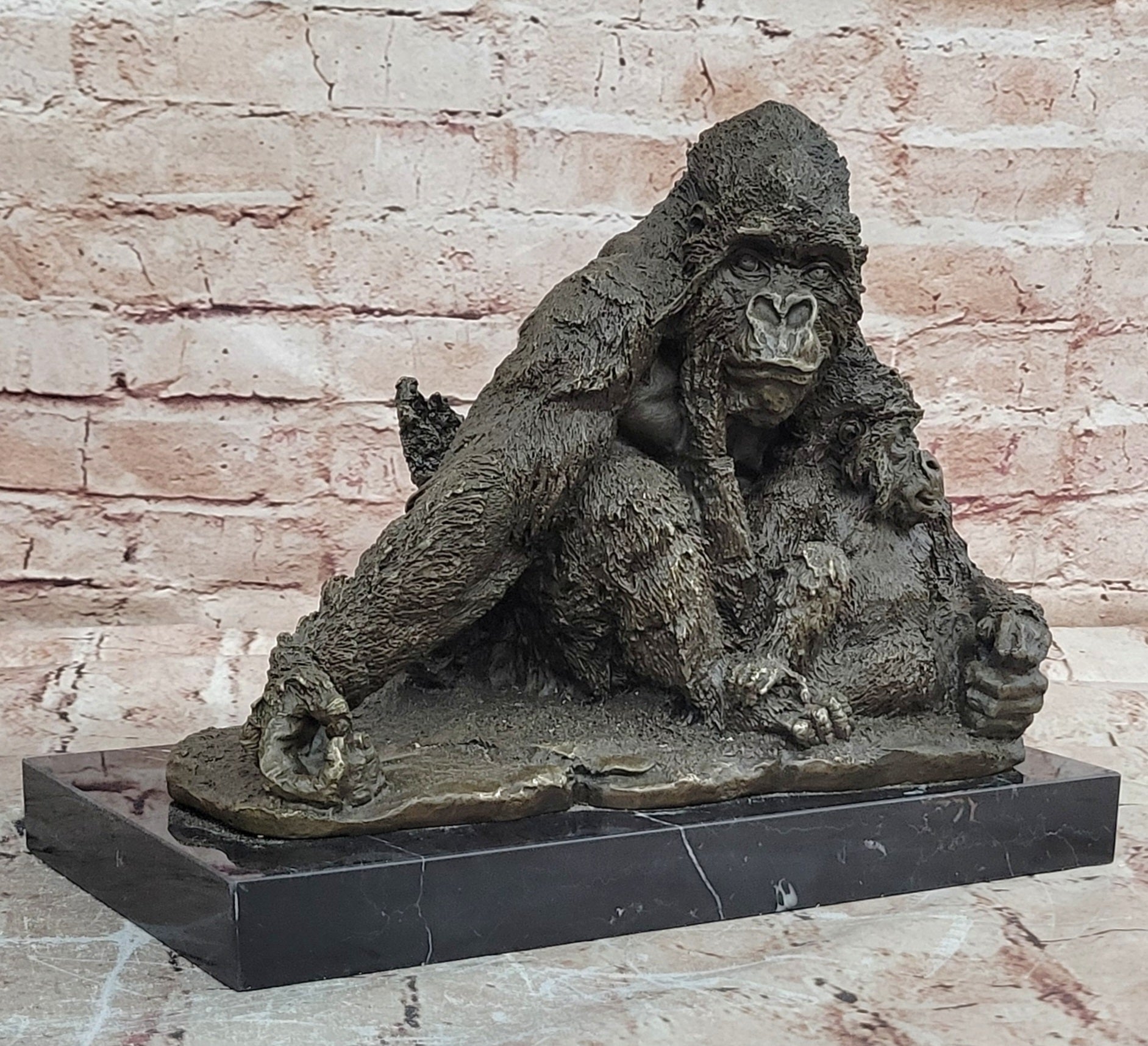 Statue Decor Cast Bronze Orangutans Animal Gorilla Mother W/ Baby Sculpture