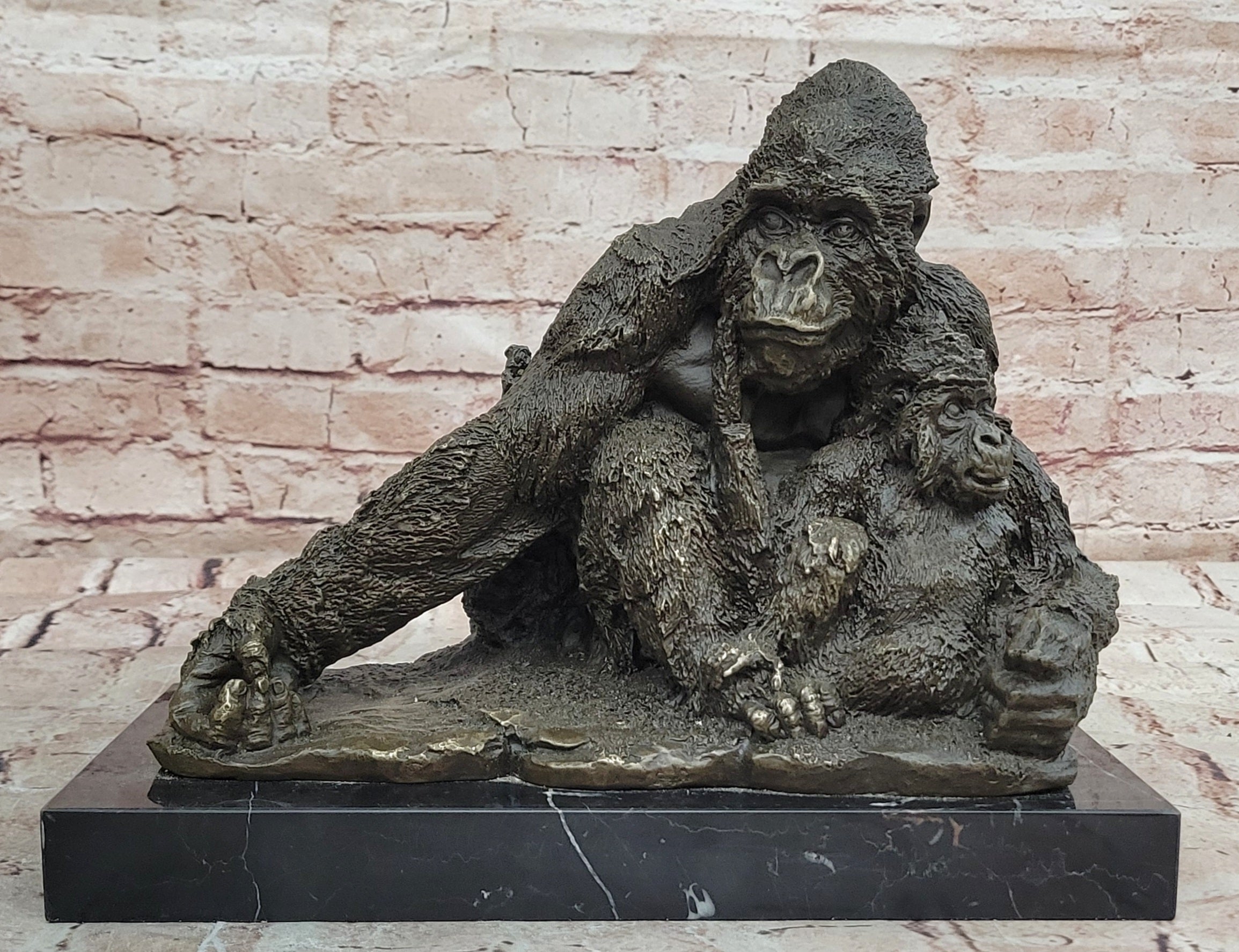 Statue Decor Cast Bronze Orangutans Animal Gorilla Mother W/ Baby Sculpture