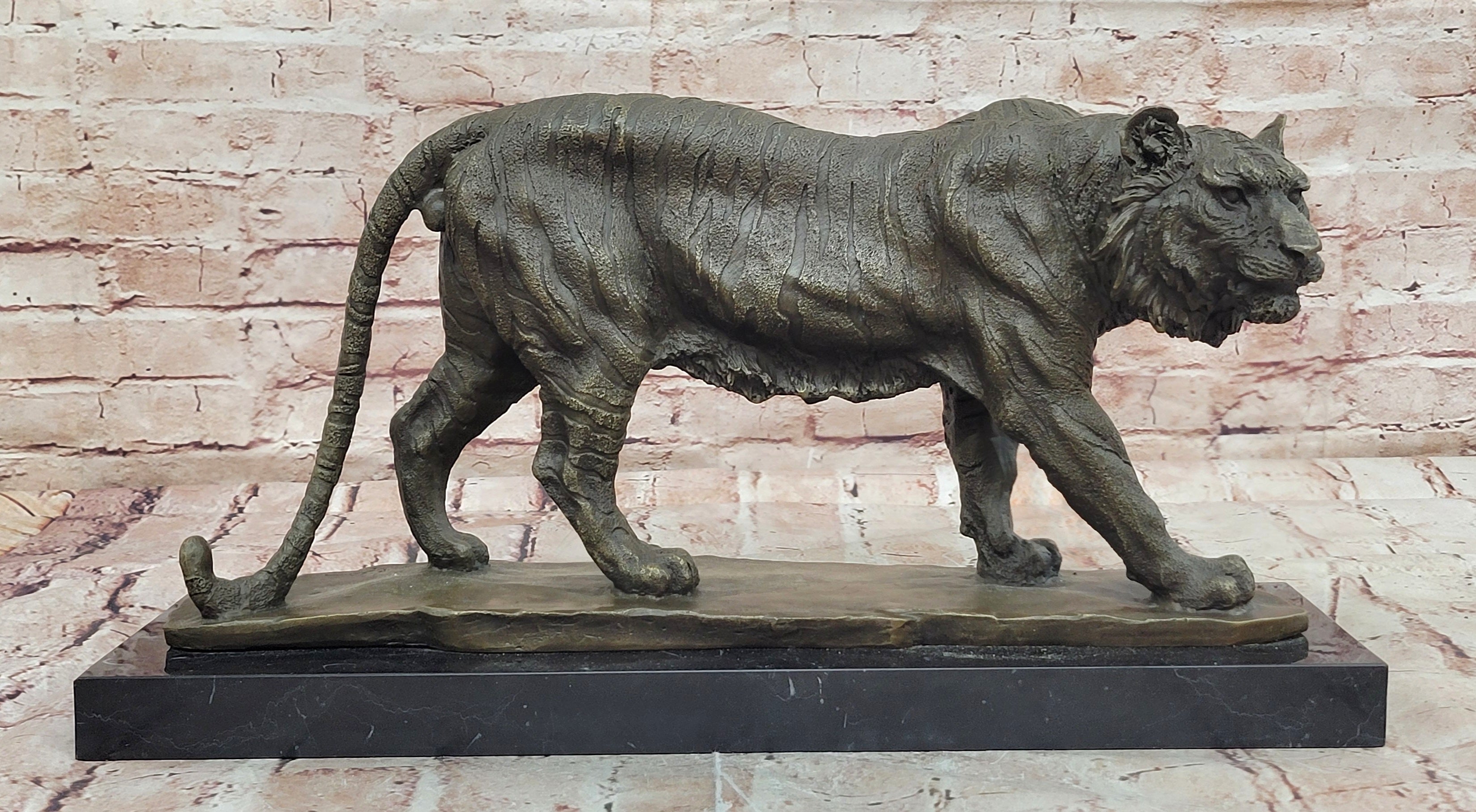 Bronze Sculpture of a Stalking Tiger W/ Brown Patina on a Marble Plinth by Milo