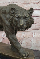 Bronze Sculpture of a Stalking Tiger W/ Brown Patina on a Marble Plinth by Milo