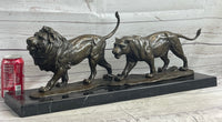 Male & Female Lion on the Prowl Bronze Sculpture Signed Art