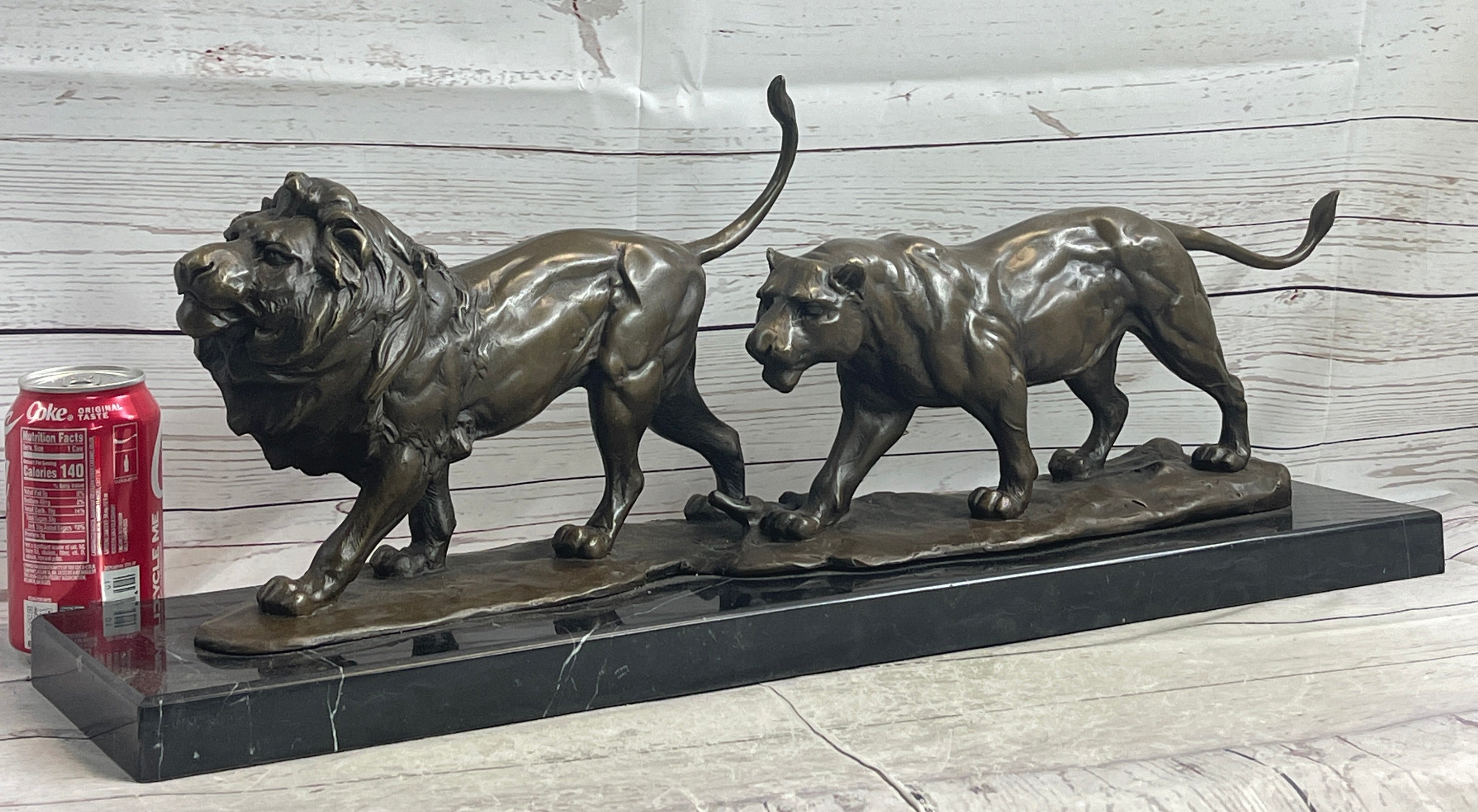 Male & Female Lion on the Prowl Bronze Sculpture Signed Art