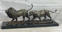 Male & Female Lion on the Prowl Bronze Sculpture Signed Art