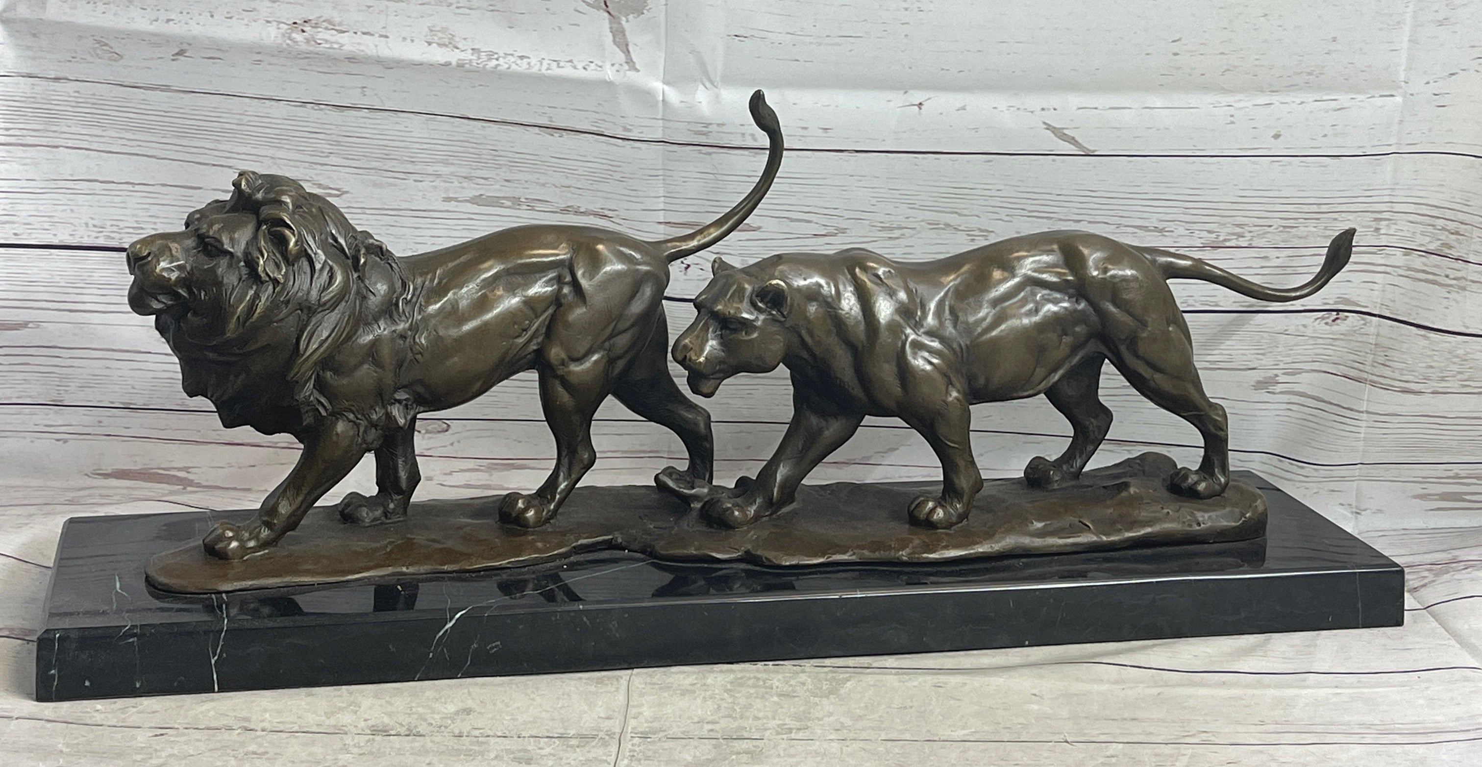 Male & Female Lion on the Prowl Bronze Sculpture Signed Art