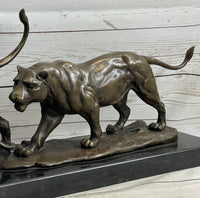 Male & Female Lion on the Prowl Bronze Sculpture Signed Art