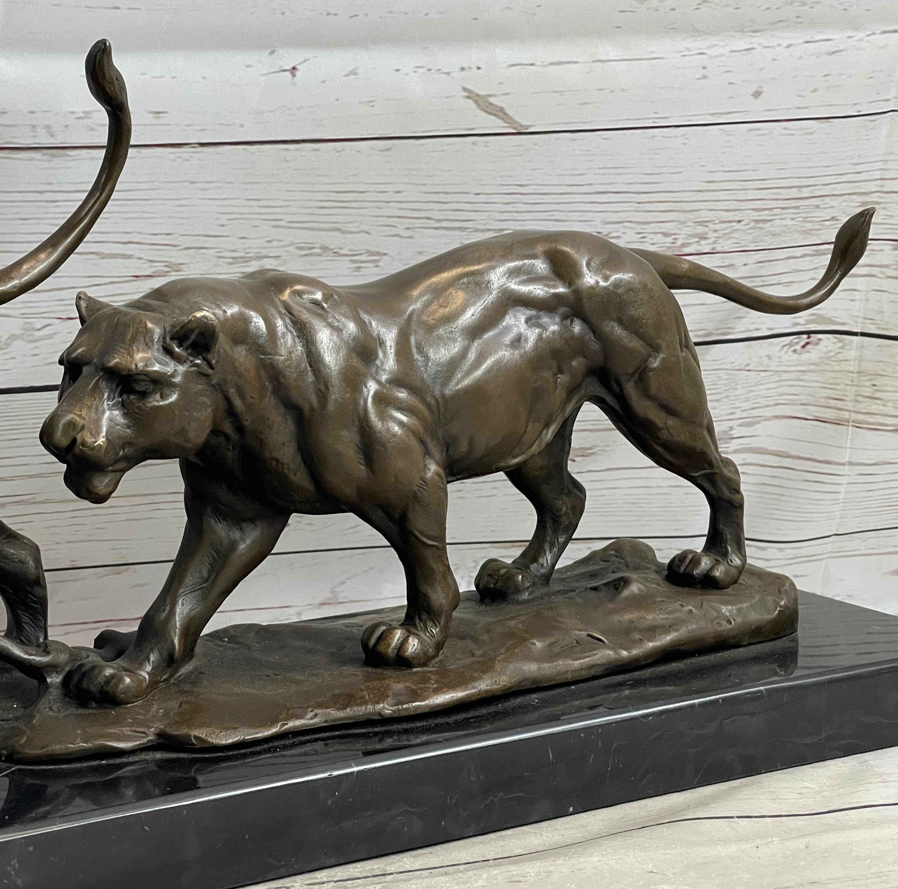Male & Female Lion on the Prowl Bronze Sculpture Signed Art