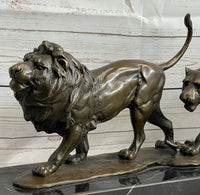 Male & Female Lion on the Prowl Bronze Sculpture Signed Art
