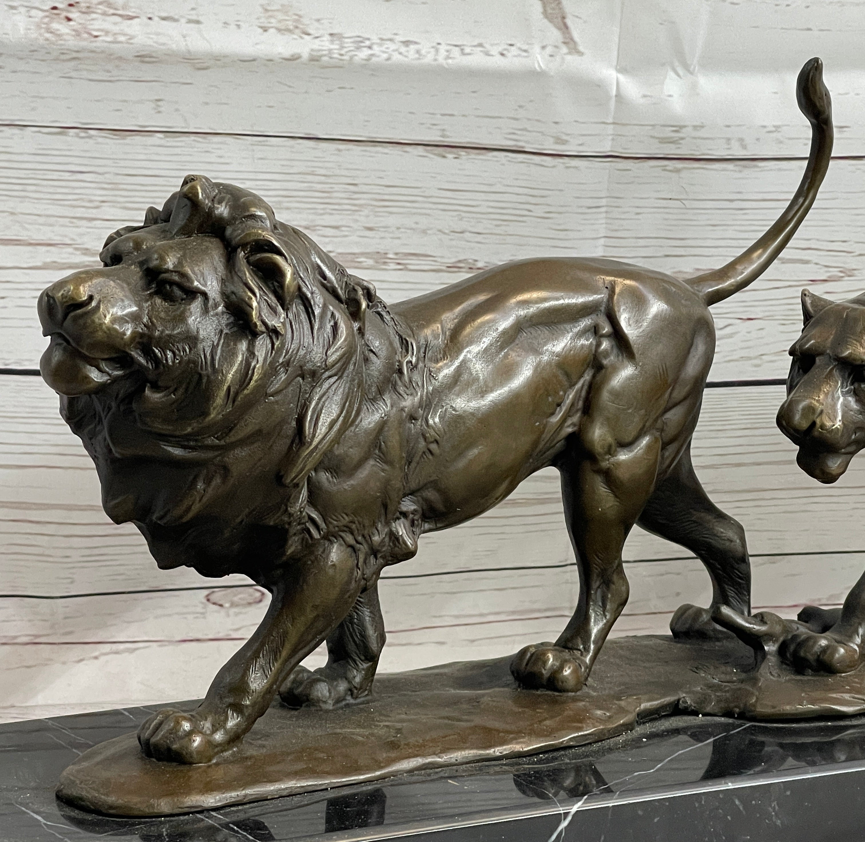 Male & Female Lion on the Prowl Bronze Sculpture Signed Art