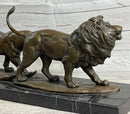 Male & Female Lion on the Prowl Bronze Sculpture Signed Art