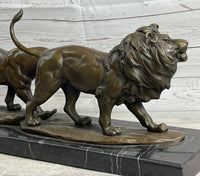 Male & Female Lion on the Prowl Bronze Sculpture Signed Art