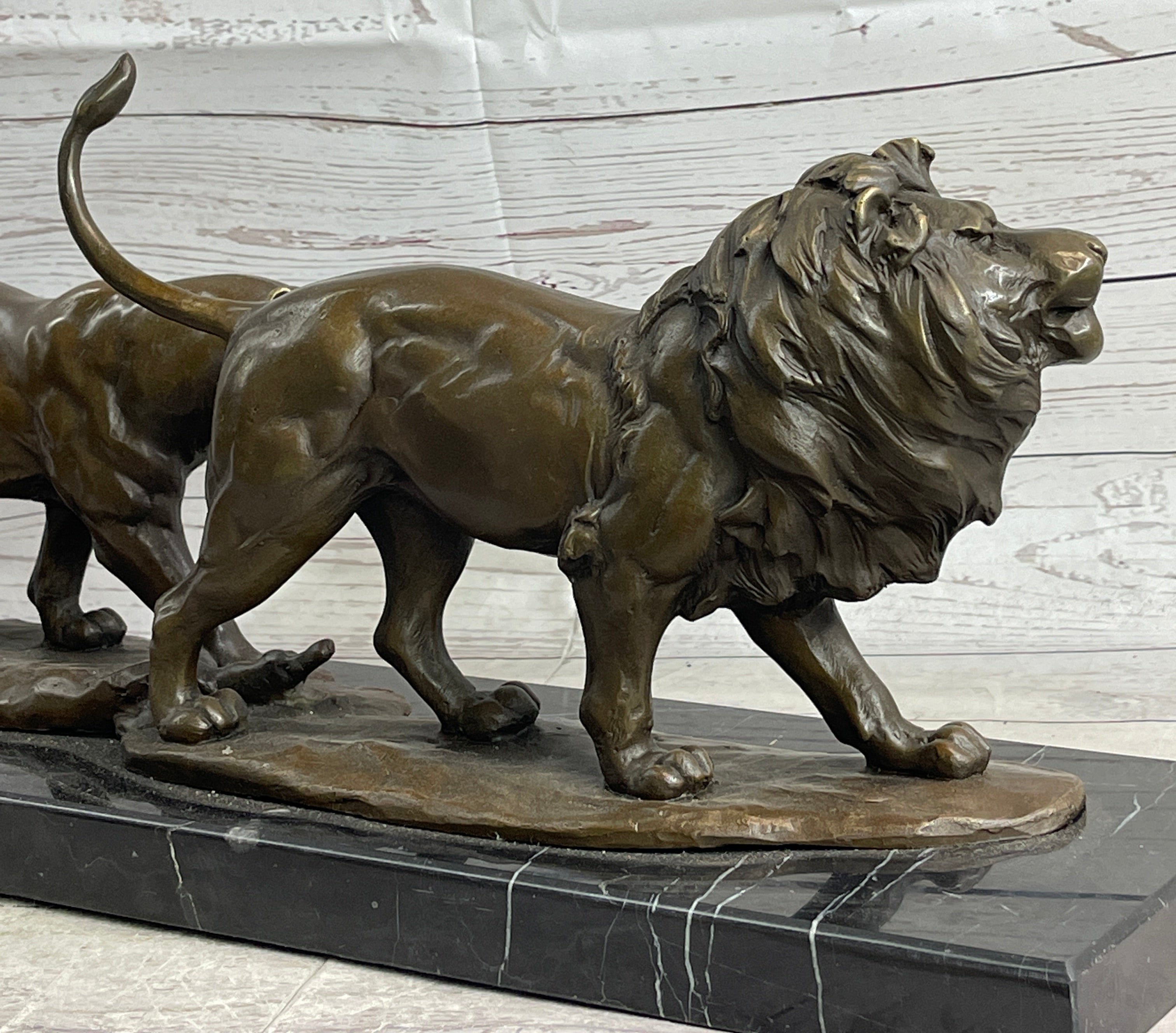 Male & Female Lion on the Prowl Bronze Sculpture Signed Art