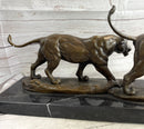 Male & Female Lion on the Prowl Bronze Sculpture Signed Art