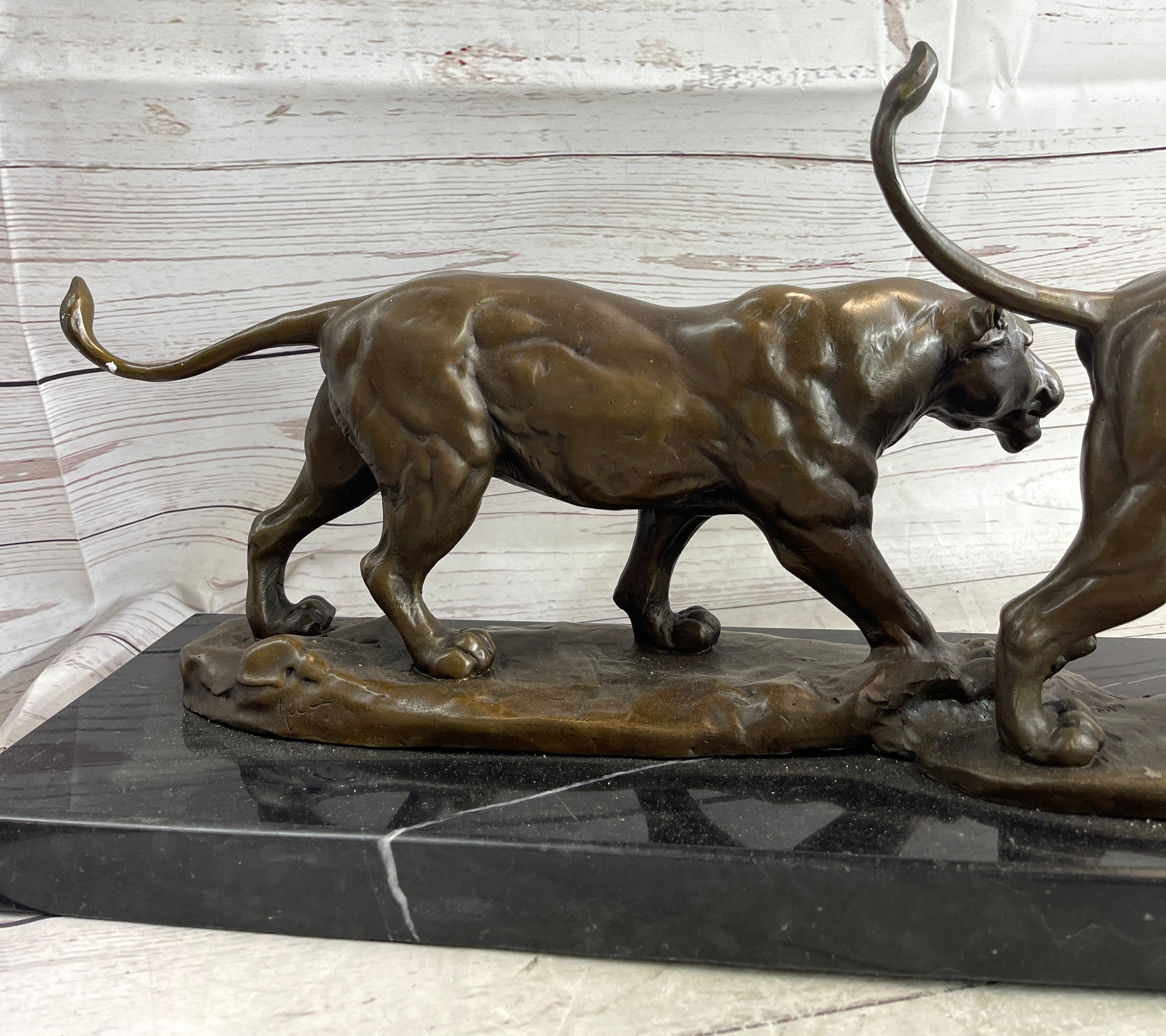 Male & Female Lion on the Prowl Bronze Sculpture Signed Art