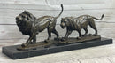 Male & Female Lion on the Prowl Bronze Sculpture Signed Art
