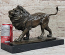 Walking Lion Bronze Sculpture on Marble Base Signed Milo