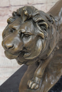 Walking Lion Bronze Sculpture on Marble Base Signed Milo