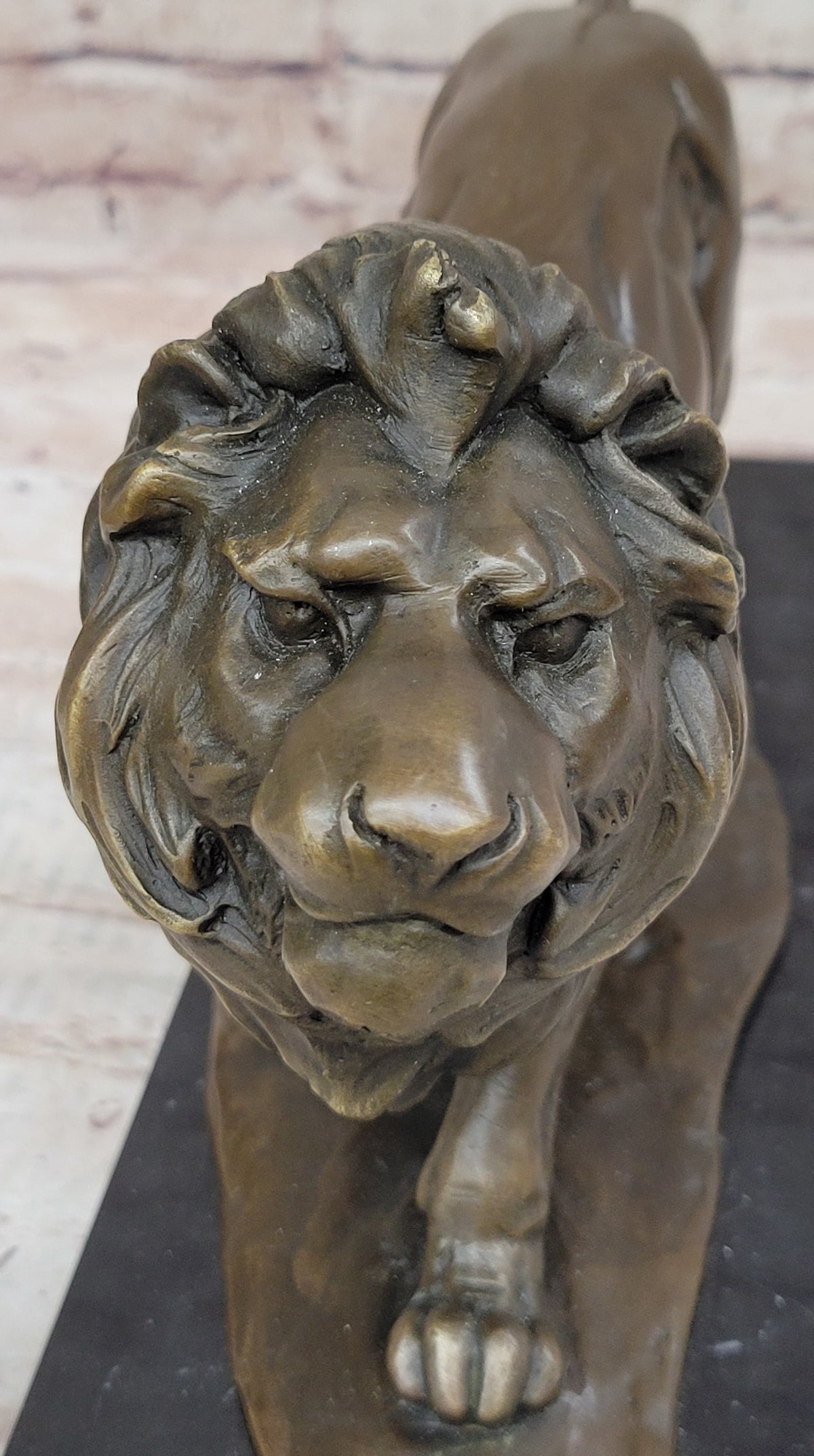 Walking Lion Bronze Sculpture on Marble Base Signed Milo