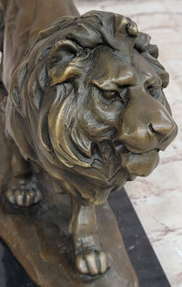 Walking Lion Bronze Sculpture on Marble Base Signed Milo